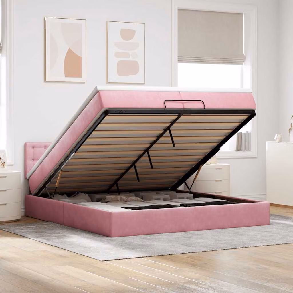 Struttura Letto con Contenitore e Materasso vidaXL in Velluto Rosa e Bianco, L 200 x P 200 x H 280 cm – 1