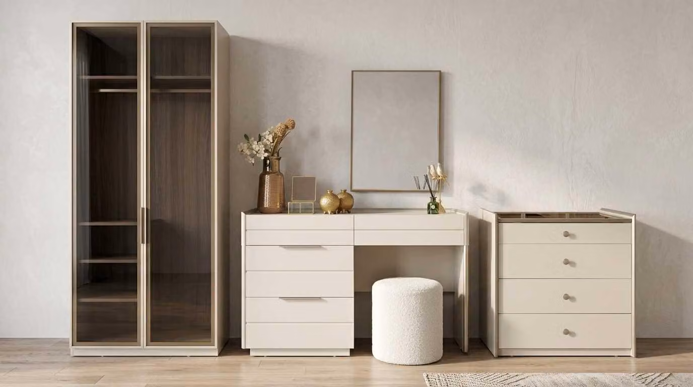 Set per camera da letto beige, moderno, composto da armadio, comò da trucco e mobile contenitore