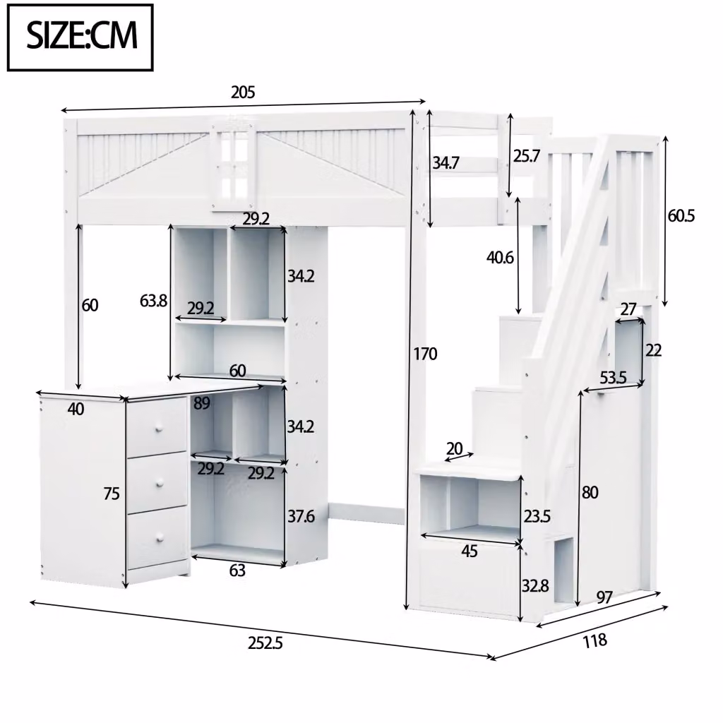 Letto a soppalco singolo REDOM in legno bianco con scrivania, cassetti, armadio e scala, L/P/H: 90 x 200 cm – 2