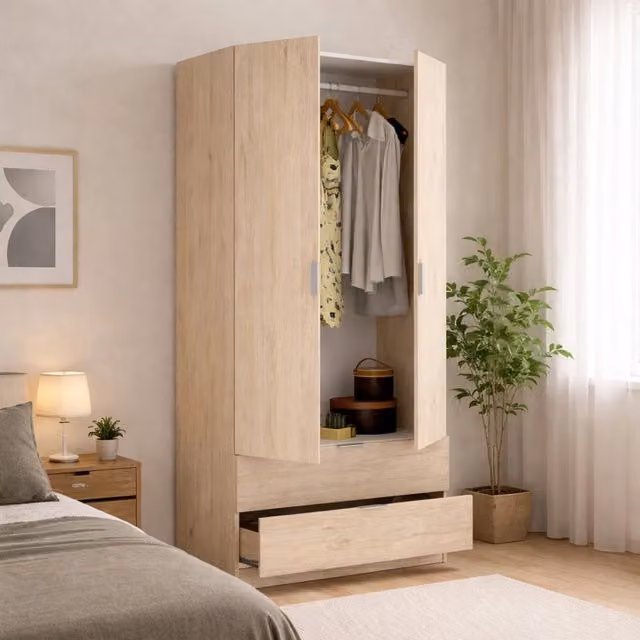 Guardaroba Anya DMORA per camera da letto, armadio moderno con 2 ante battenti, 2 cassetti interni e appendiabiti, L: 81 cm, P: 52 cm, H: 184 cm, Rovere
