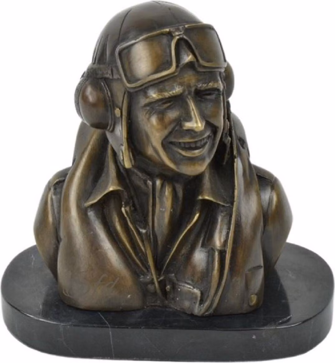 Casa Padrino busto decorativo in bronzo con base in marmo pilota bronzo/nero 19 x 11 x h. 19 cm - scultura in bronzo pilota - statuetta bronzo pilota - statuetta decorativa pilota - accessori decorazione scrivania