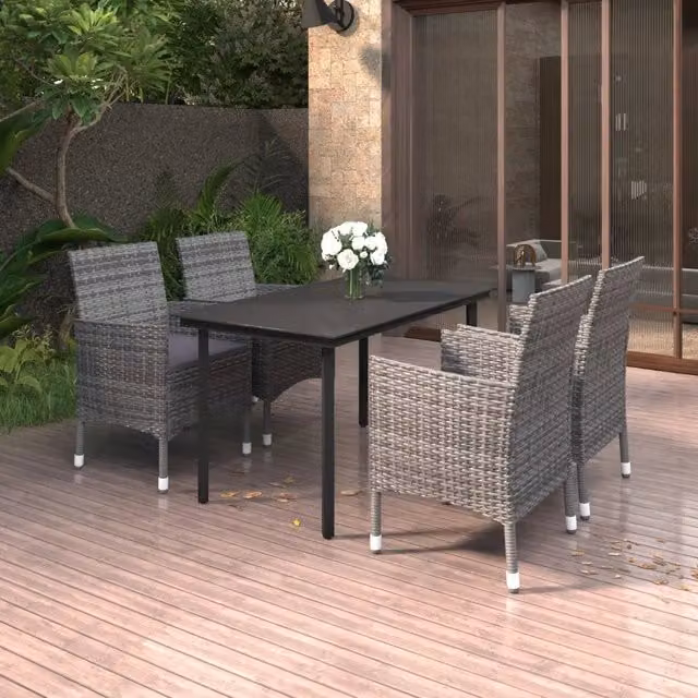 Set da pranzo da giardino vidaXL in polyrattan con tavolo in vetro e 5 sedie con cuscini, grigio e nero – 1