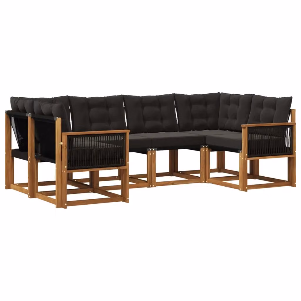 Set di divani da esterno vidaXL a forma di L composto da 6 pezzi in legno di acacia e tessuto textilene, colore marrone e nero – 2