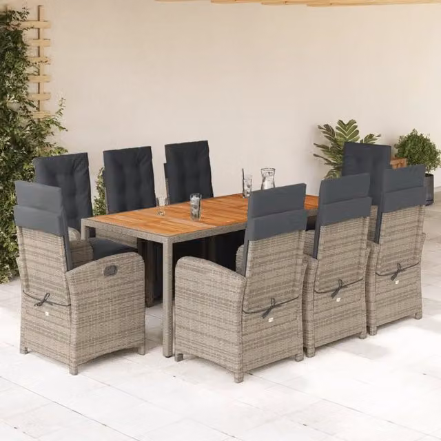 Set da pranzo da giardino vidaXL in polyrattan grigio con cuscini e tavolo in legno di acacia, 9 pezzi