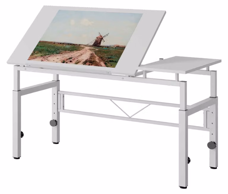 Zimilo Tavolo da disegno bianco, scrivania regolabile in altezza con piano inclinabile da 0 a 60°, 4 piedini, tavolo da architetto per ufficio e studio