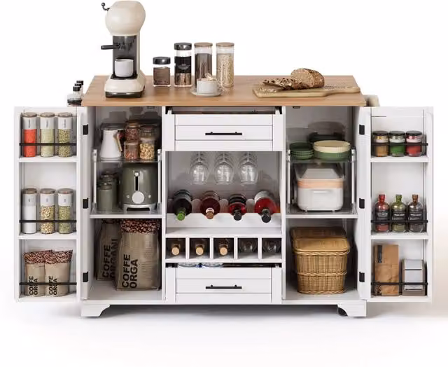 Carrello da Cucina Moderno Bianco con Piano Ribaltabile, 2 Ante, 2 Cassetti, Portabottiglie e Portasciugamani, L: 138 cm, P: 45 cm, H: 92 cm