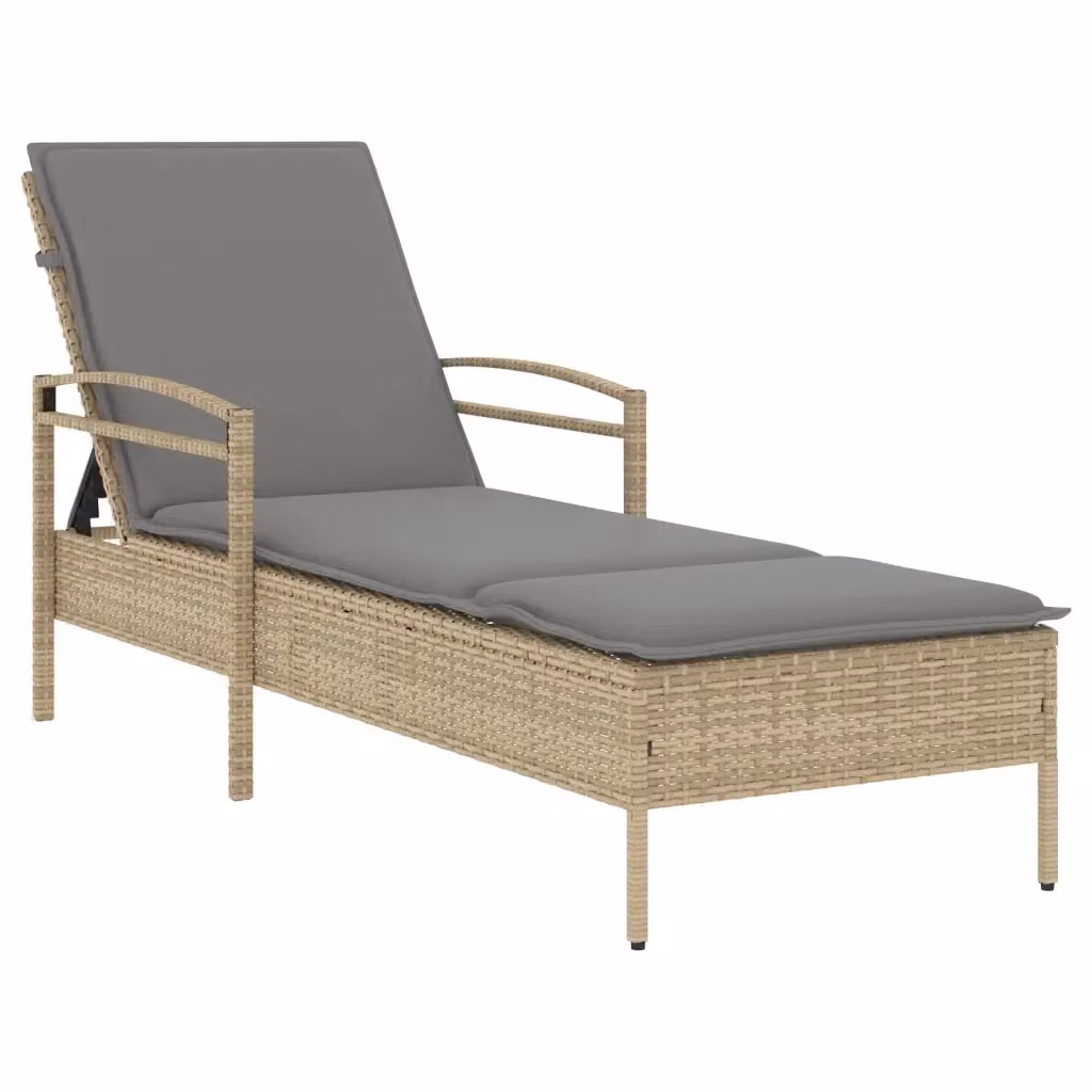 Lettino prendisole vidaXL in polyrattan con cuscino beige e grigio, dotato di poggiatesta regolabile e braccioli, L/P/H: 200 x 63 x 81 cm – 2