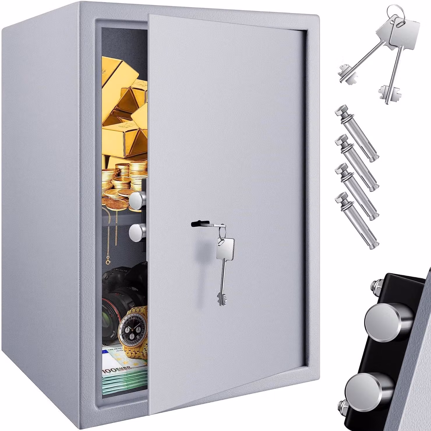 Cassaforte da mobile - Doppio pistone di sicurezza - 50 x 35 x 31 cm - Argento - Con 2 chiavi e viti di fissaggio - Cassaforte a parete o da pavimento