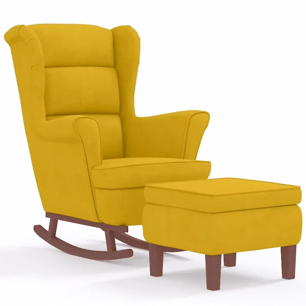 Sedia a dondolo con schienale alto in velluto giallo e struttura in legno massiccio con pouf incluso vidaXL – 2