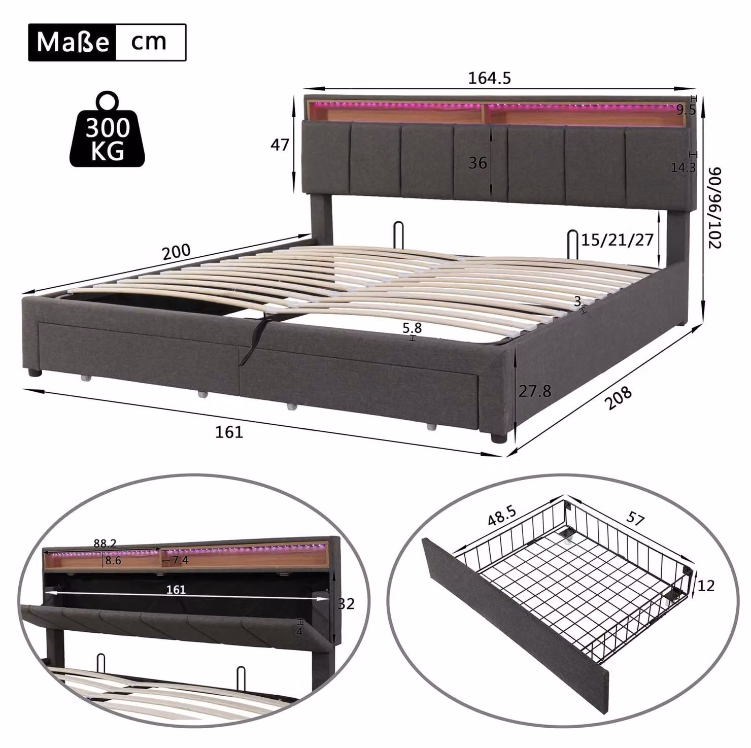 Letto imbottito - Letto matrimoniale - 160 x 200 cm - 2 cassetti - Spazio contenitore con sistema idraulico - Grigio scuro