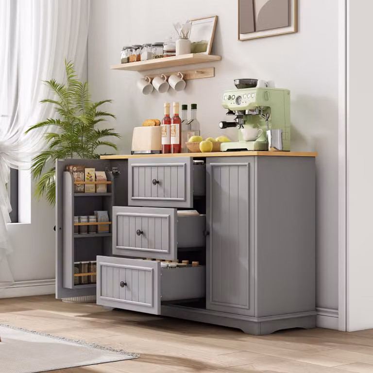 MODFU: mobile da cucina moderno con ripiano per le spezie, armadietto contenitore con 3 cassetti e ante in stile frigorifero, colore grigio