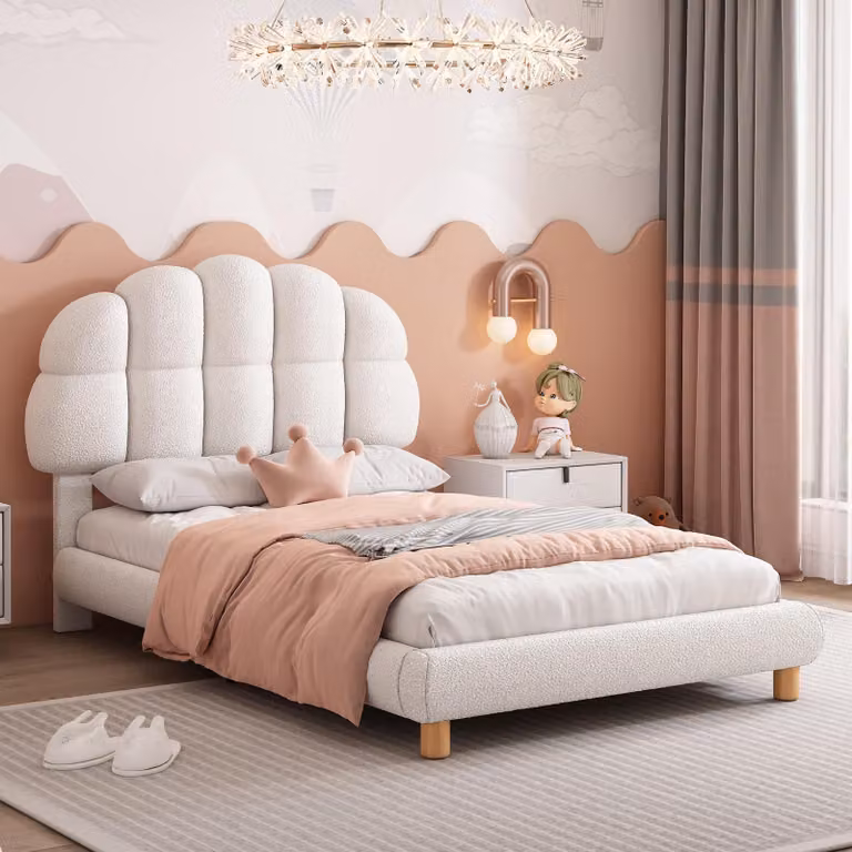 Letto imbottito 90x200 cm con schienale regolabile, 12 listelli e supporti centrali, rivestito in tessuto bouclé e con struttura in MDF, adatto a bambini e adolescenti, colore rosa/bianco