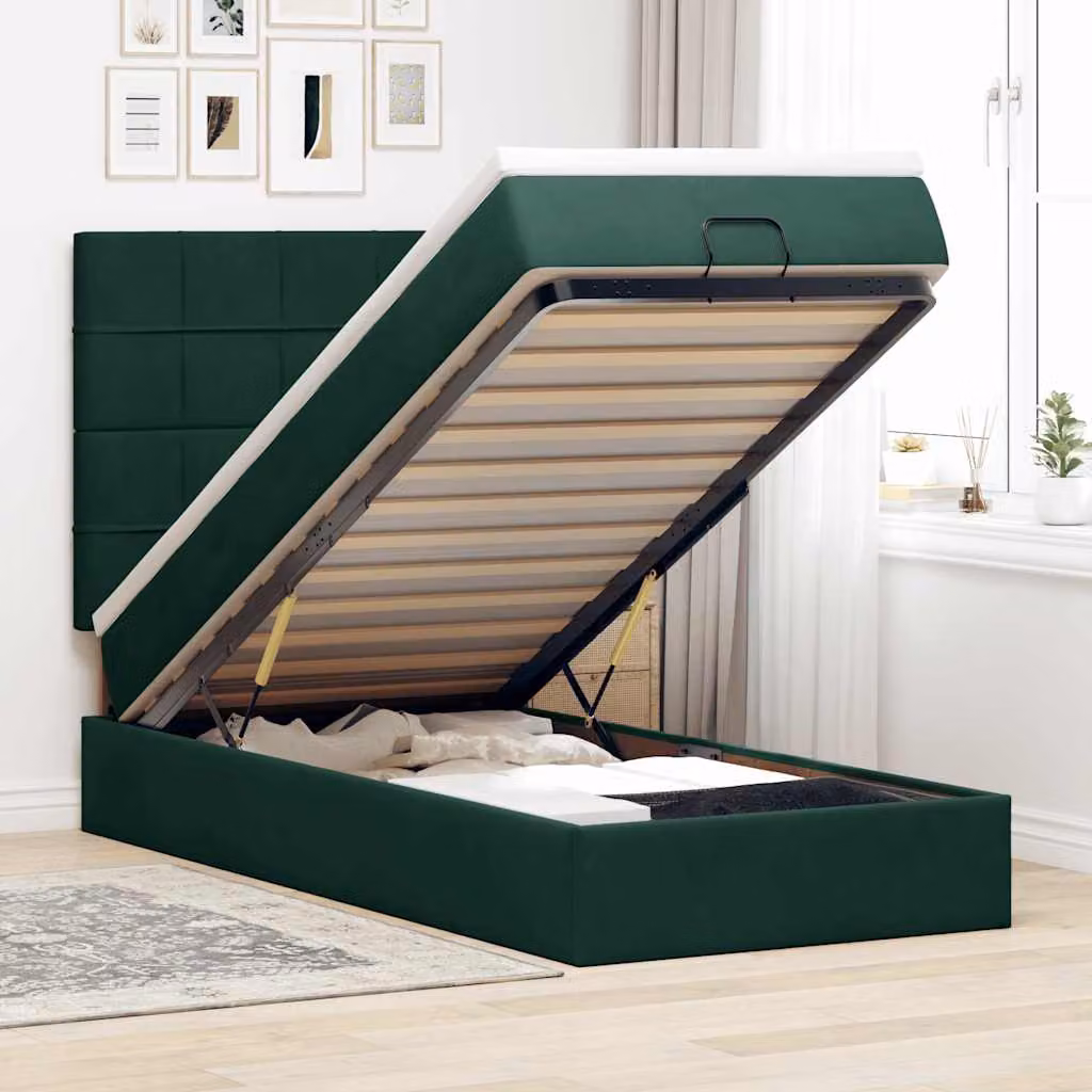 Letto con contenitore a sollevamento vidaXL in velluto verde e bianco con materasso L: 100 cm, P: 200 cm, H: 140 cm