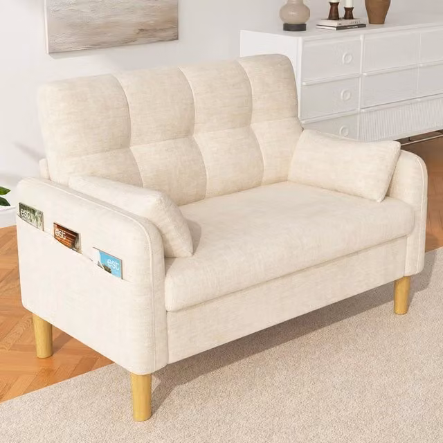 Divano 2 posti Minimal beige in tessuto chenille con cuscini e tasche portaoggetti