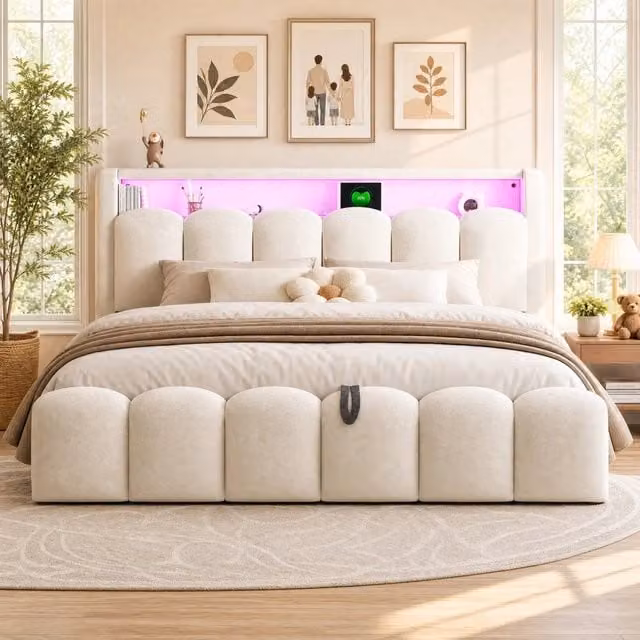 Letto matrimoniale imbottito 180x200 cm con contenitore; LED; USB e Type-C; velluto beige