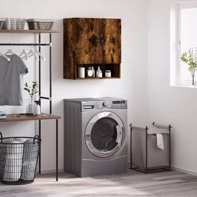 Armadietto a muro vidaXL in legno multistrato color rovere fumo con ante a battente e ripiani interni, L: 60 cm, P: 31 cm, H: 70 cm