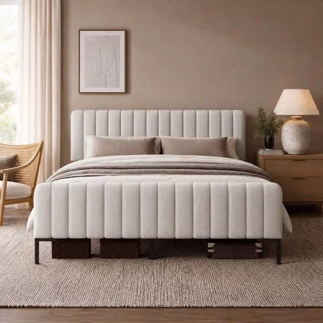 Letto matrimoniale imbottito 180x200 cm con testiera regolabile, struttura in legno e metallo, rivestimento in lino grigio-beige