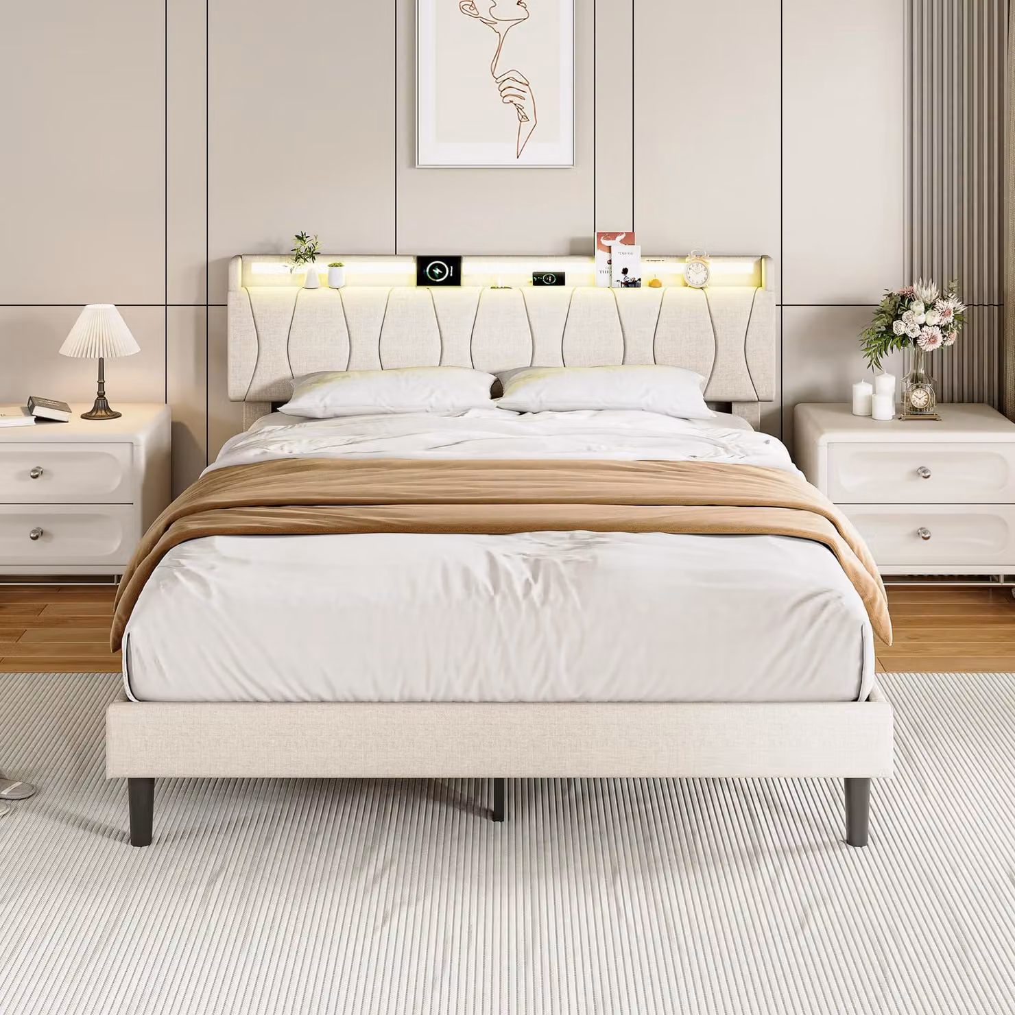 Letto imbottito REMZETTA, 140x200 cm, matrimoniale, con LED RGB, controllo tramite app, porte USB-C e 2 porte USB, rete a doghe, colore beige, senza materasso