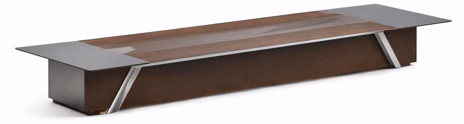 Moderno tavolo da riunione con piano in legno ed eleganti dettagli in metallo