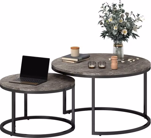 Set di 2 tavolini da salotto rotondi sovrapponibili effetto marmo grigio con telaio in metallo design moderno salvaspazio