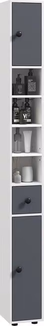 Colonna bagno XYLO con cassetto e ante, 5 ripiani, grigio opaco, L/P/H: 20 x 20 x 180 cm