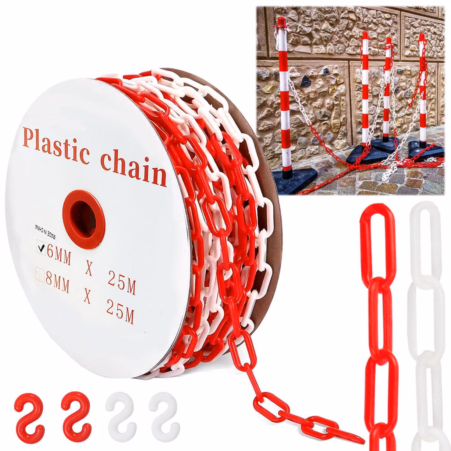 Catena di delimitazione in plastica, rosso e bianco, lunghezza 25 metri, diametro 6 mm, con 4 ganci a uncino