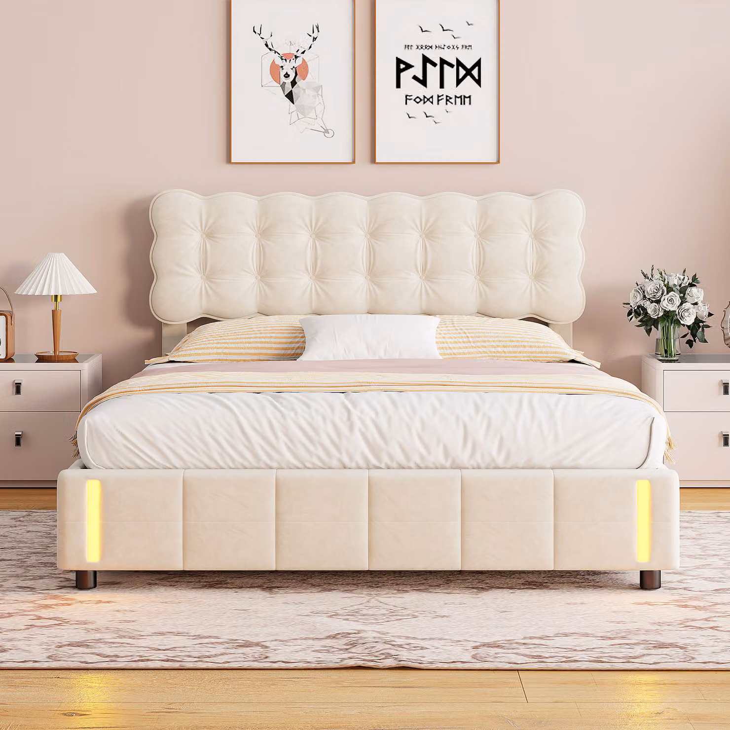 letto box 140 x 200, letto matrimoniale imbottito con leva idraulica, luci LED alla fine del letto, velluto, Beige