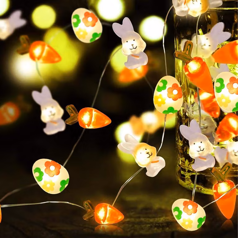 Catena luminosa a LED per Pasqua, 3 metri, 30 LED, coniglietti e carote, alimentata a batteria