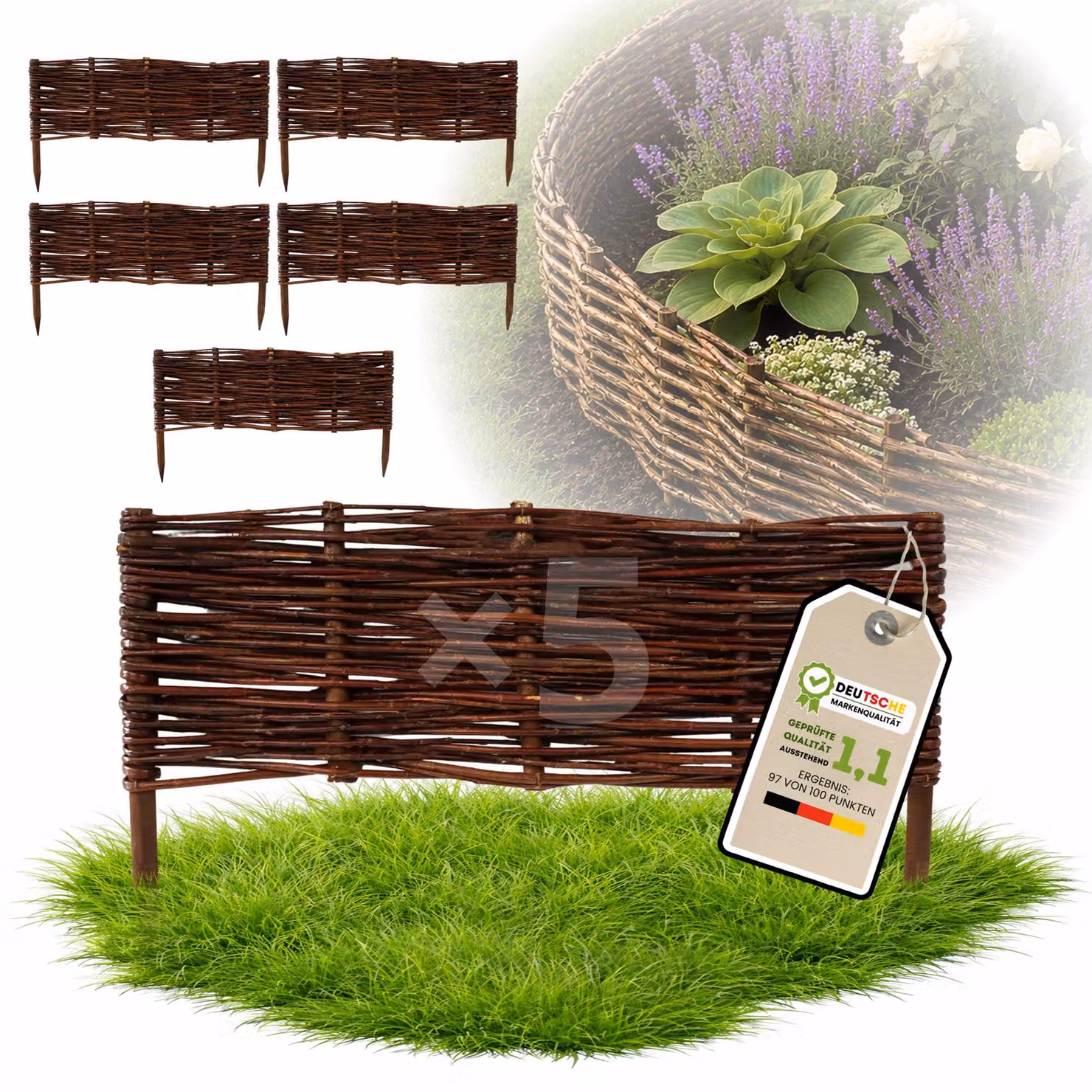 Floranica 5 pezzi Recinzione in vimini 20 cm x 60 cm – Staccionata da giardino intrecciata Palizzata Recinzione naturale Bordo aiuola
