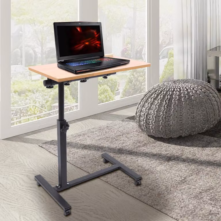 Tavolino per laptop con rotelle - Tavolino da divano/letto - Regolabile in altezza - Piano inclinabile - Struttura in metallo con piano in legno - Rettangolare - Marrone