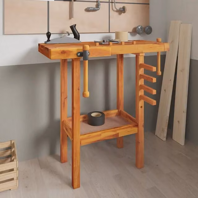 Banco da lavoro con morsetto vidaXL in legno di acacia marrone L/P/H: 92 x 48 x 83 cm