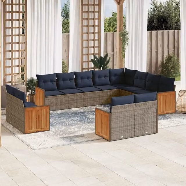 Set di divani da giardino a forma di U vidaXL in rattan e legno di acacia con cuscini grigi e blu