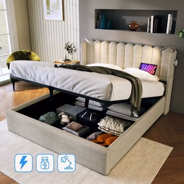 Letto contenitore matrimoniale OKWISH con testiera imbottita, luce da lettura e porta USB, colore beige, L/P/H: 160 x 200 x 103 cm