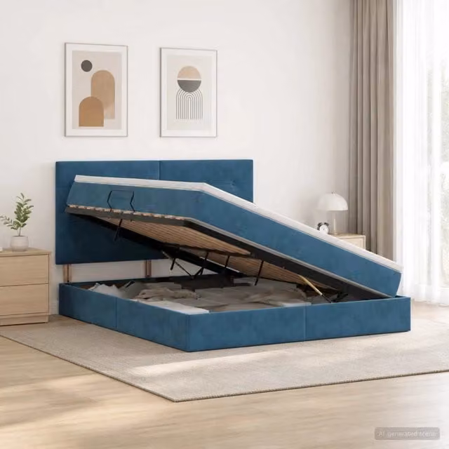 Letto con contenitore vidaXL in velluto blu con illuminazione LED e porta USB, L/P/H: 140 x 200 x 128 cm