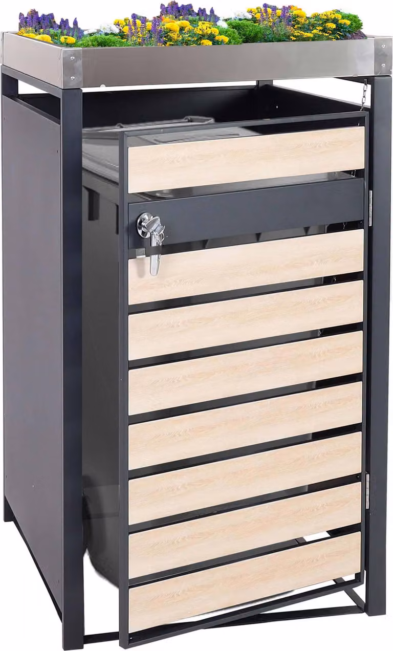 1 coperchio per cestino con fioriera HWC-J81, espandibile, 125x68x80cm metallo 31kg, antracite ~ aspetto legno di faggio