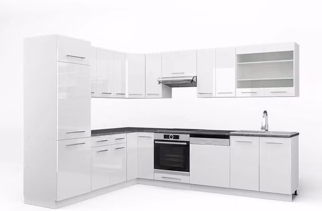 Cucina angolare completa Fame-Line Bianco lucido/Bianco 287 x 227 cm, PL Antracite Vicco