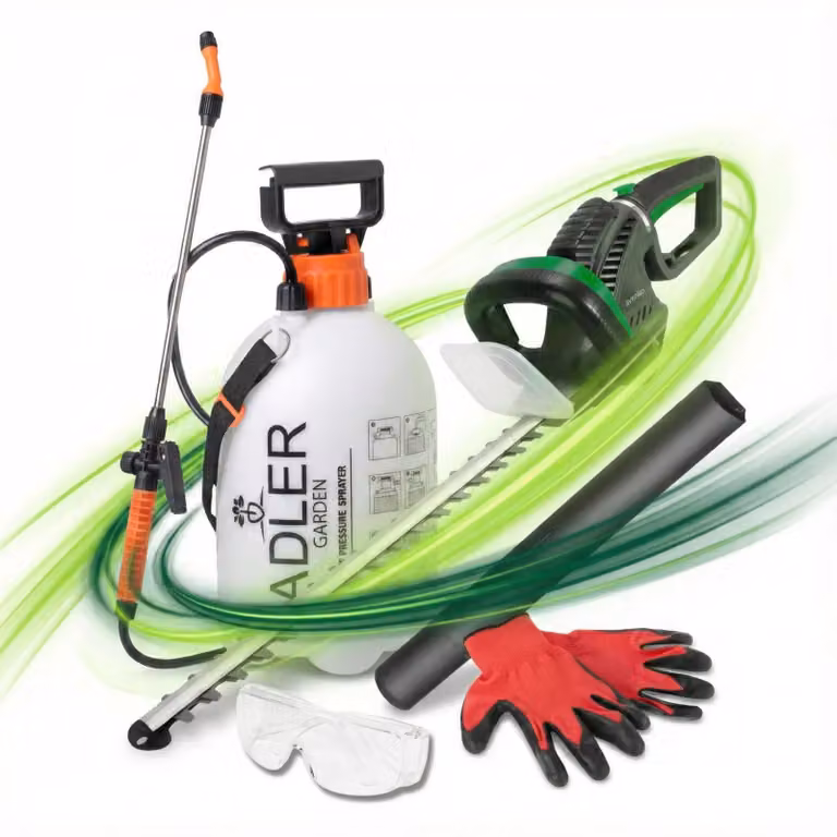 Set per il giardinaggio: forbici elettriche per potatura e spruzzatore manuale. Spruzzatore con pompa, capacità 5 litri, da utilizzare a mano, portatile, in plastica
