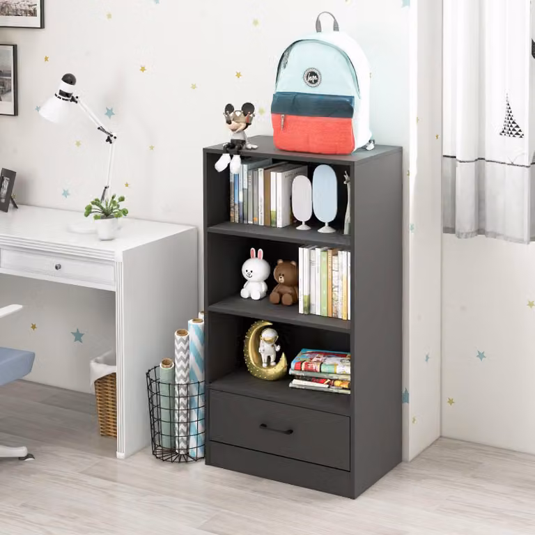 Libreria a scaffali aperti con ampio cassetto, mobile espositivo autoportante