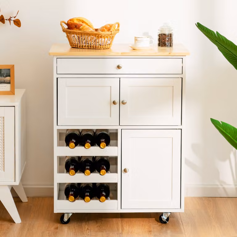 Carrello da cucina Costway con 3 livelli, portabottiglie e cassetto, isola con superficie in legno bianco e ruote