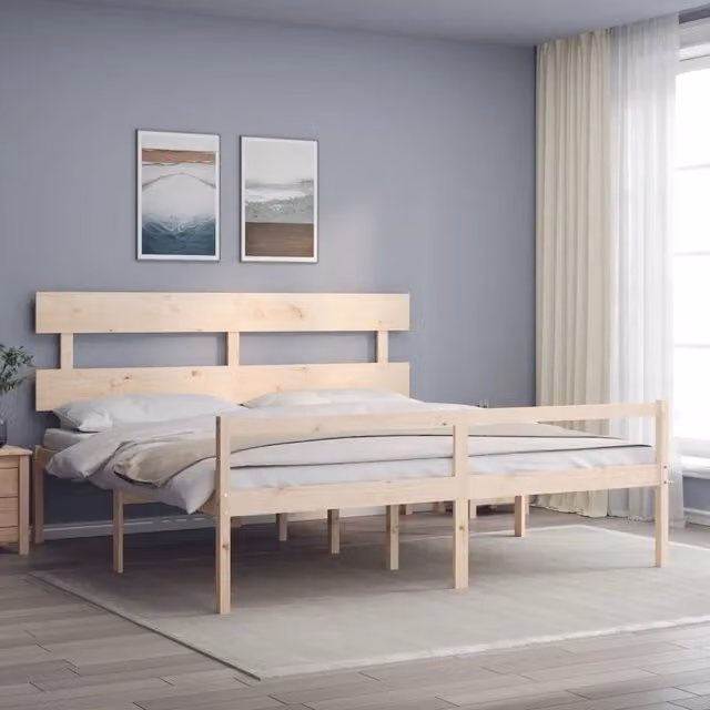 Letto per anziani vidaXL in legno massello di pino con testiera stile rustico beige L/P: 200 x 200 cm – 1