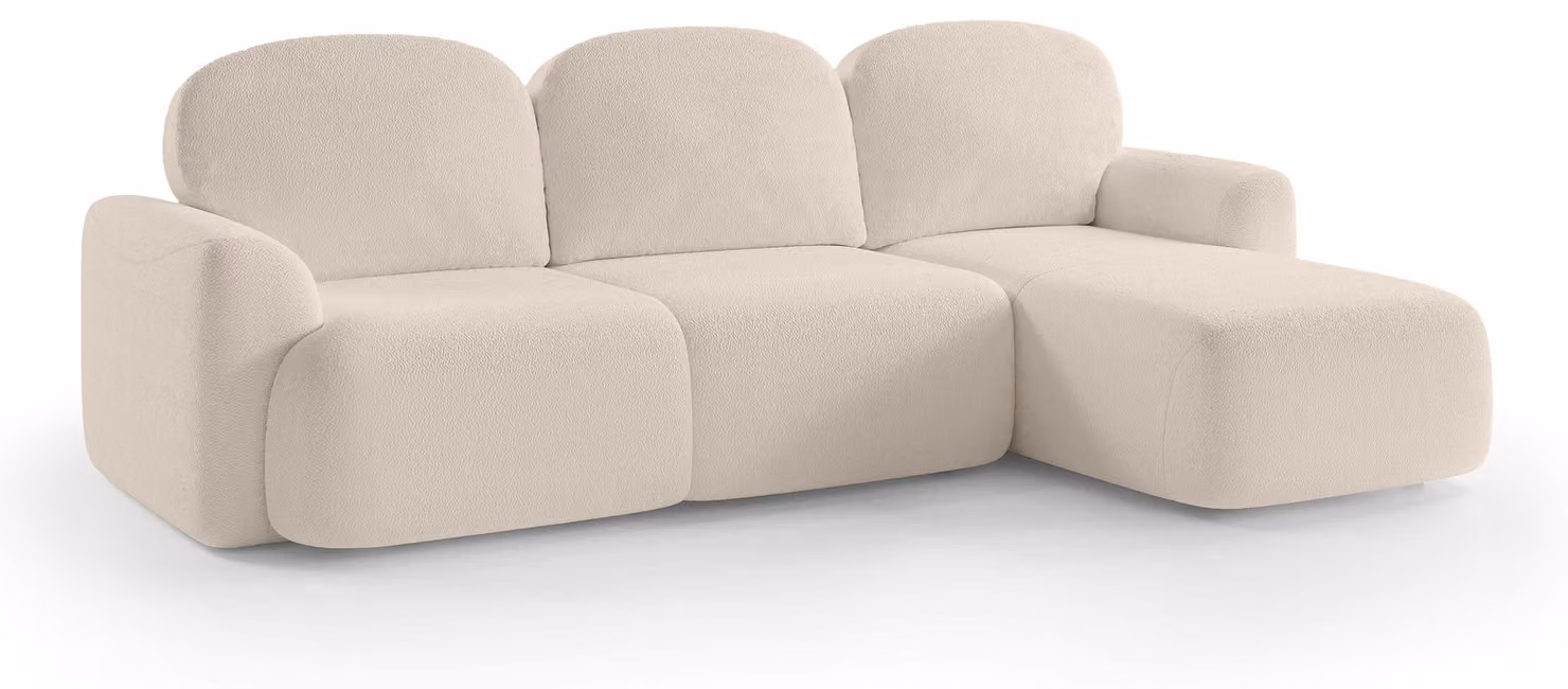 Divano a tre posti con funzione letto, modello Bulu, lato destro, rivestito in tessuto effetto sabbia