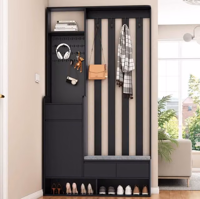 Guardaroba da ingresso 100x35x180 cm nero MDF, panca imbottita