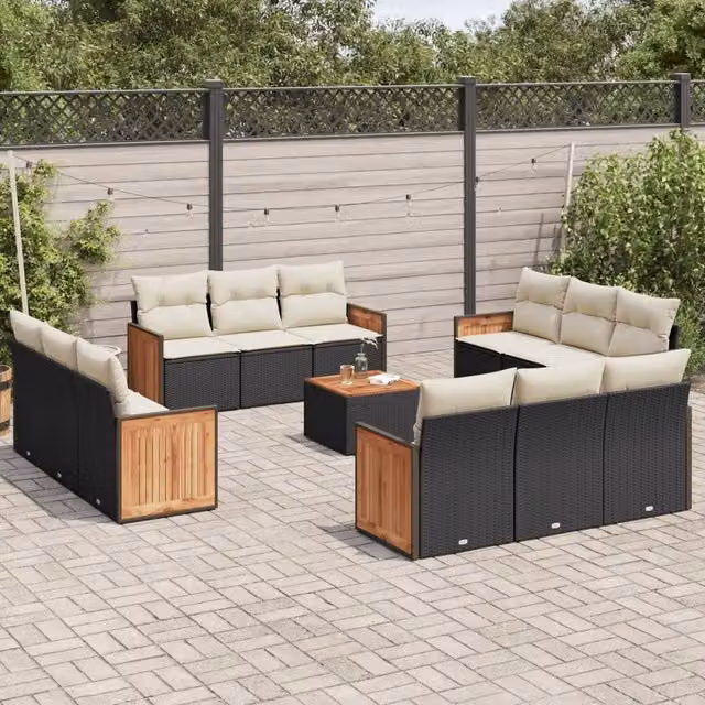 Set da giardino moderno vidaXL in polyrattan nero con cuscini e tavolino da esterno a forma di U – 1