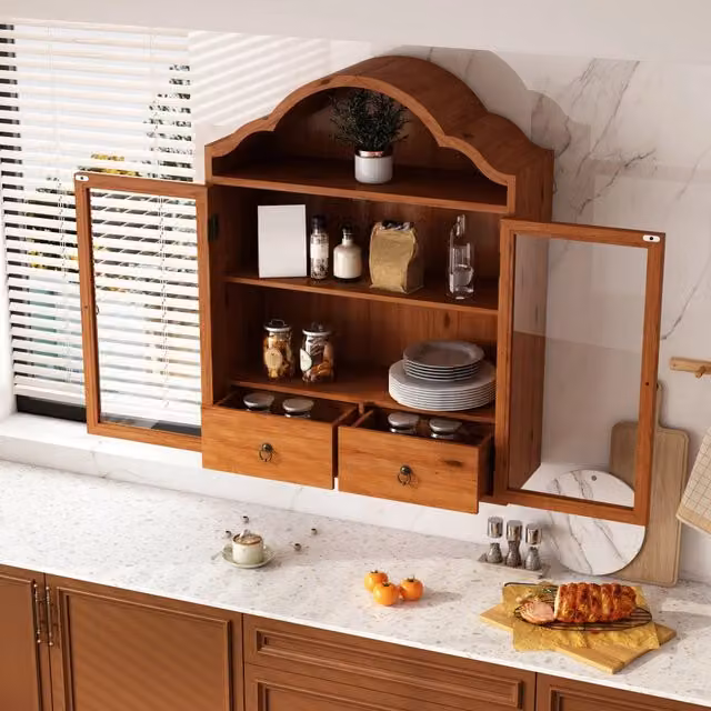 Armadietto pensile con cassetti e ripiani regolabili in legno massello e vetro, marrone, per cucina, 60 × 22 × 76.5 cm