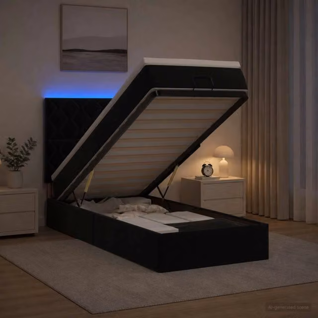 Letto Ottomano Moderno vidaXL in Velluto Nero con Materasso Ibrido e Illuminazione LED Sotto il Letto L: 190 cm, P: 90 cm, H: 88 cm – 1
