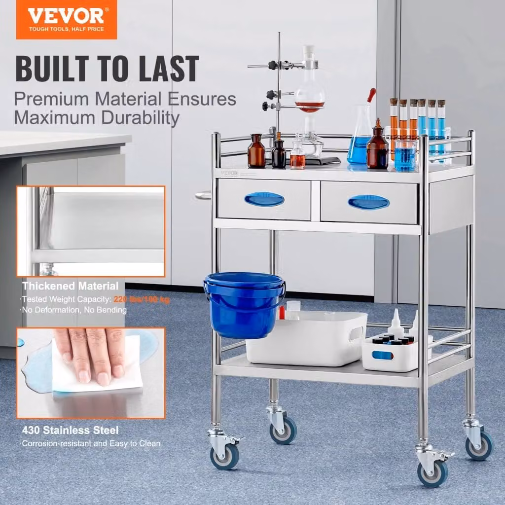 Carrello di Servizio in Acciaio Inox K-ST529 Argento con 2 Ripiani, 2 Cassetti e Ruote Bloccabili, Portata 100 kg per Officina e Laboratorio – 2