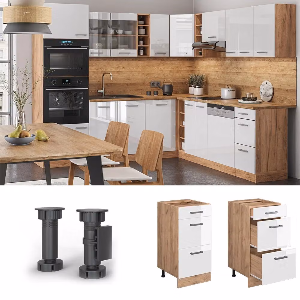 Mobiletto base per cucina R-Line Vicco Bianco lucido e Rovere dorato con cassetti, senza piano di lavoro, L: 40 cm – 2