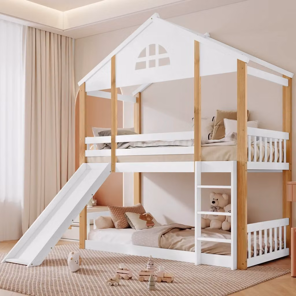Letto a castello Chicfurn per bambini in stile scandinavo con scivolo, scala a tre gradini e struttura a casetta, colore bianco, L/P/H: 90 x 200 cm – 2