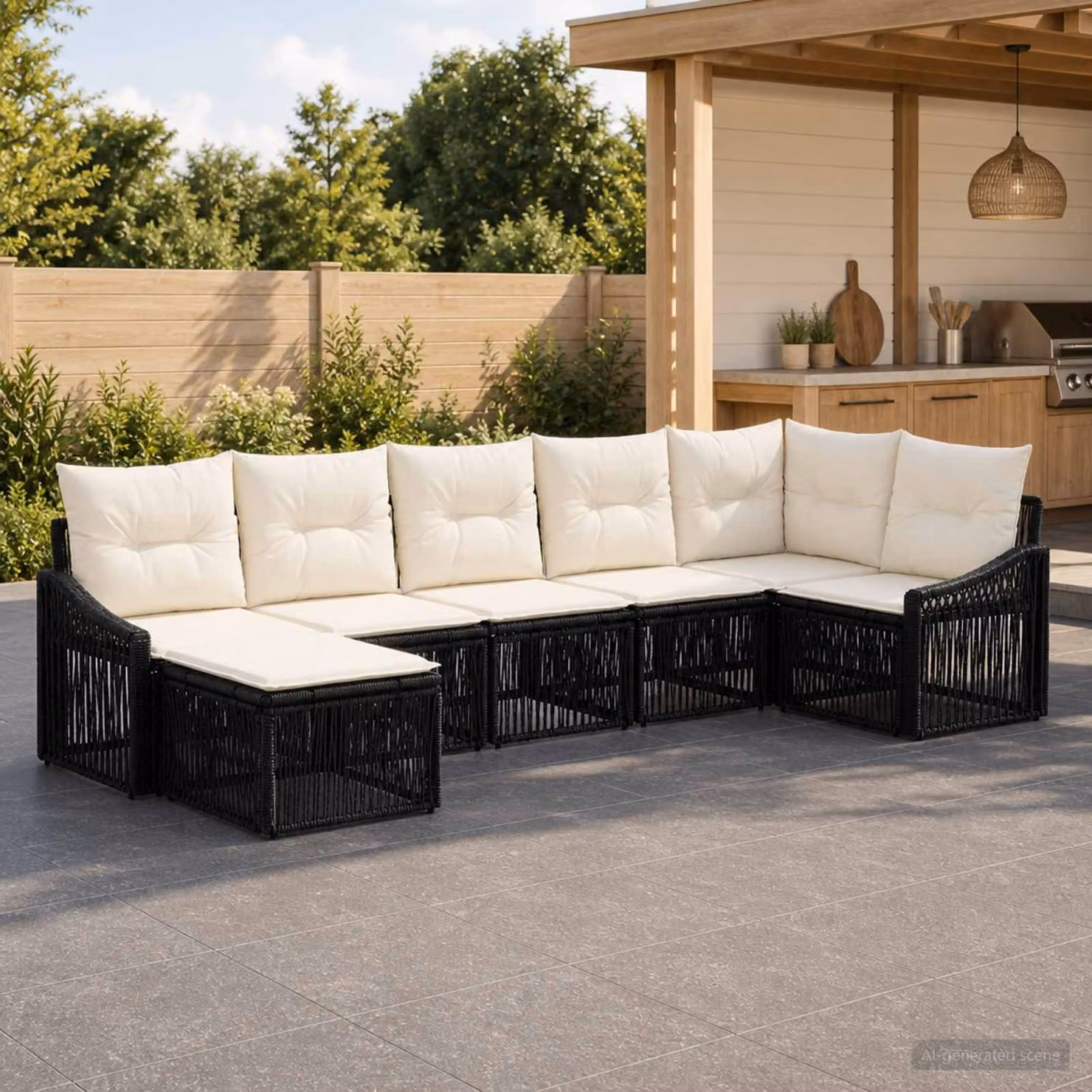 Set Divano da Giardino vidaXL 7 Pezzi a Forma di U in Polyrattan Nero con Cuscini e Struttura in Acciaio Verniciato a Polvere