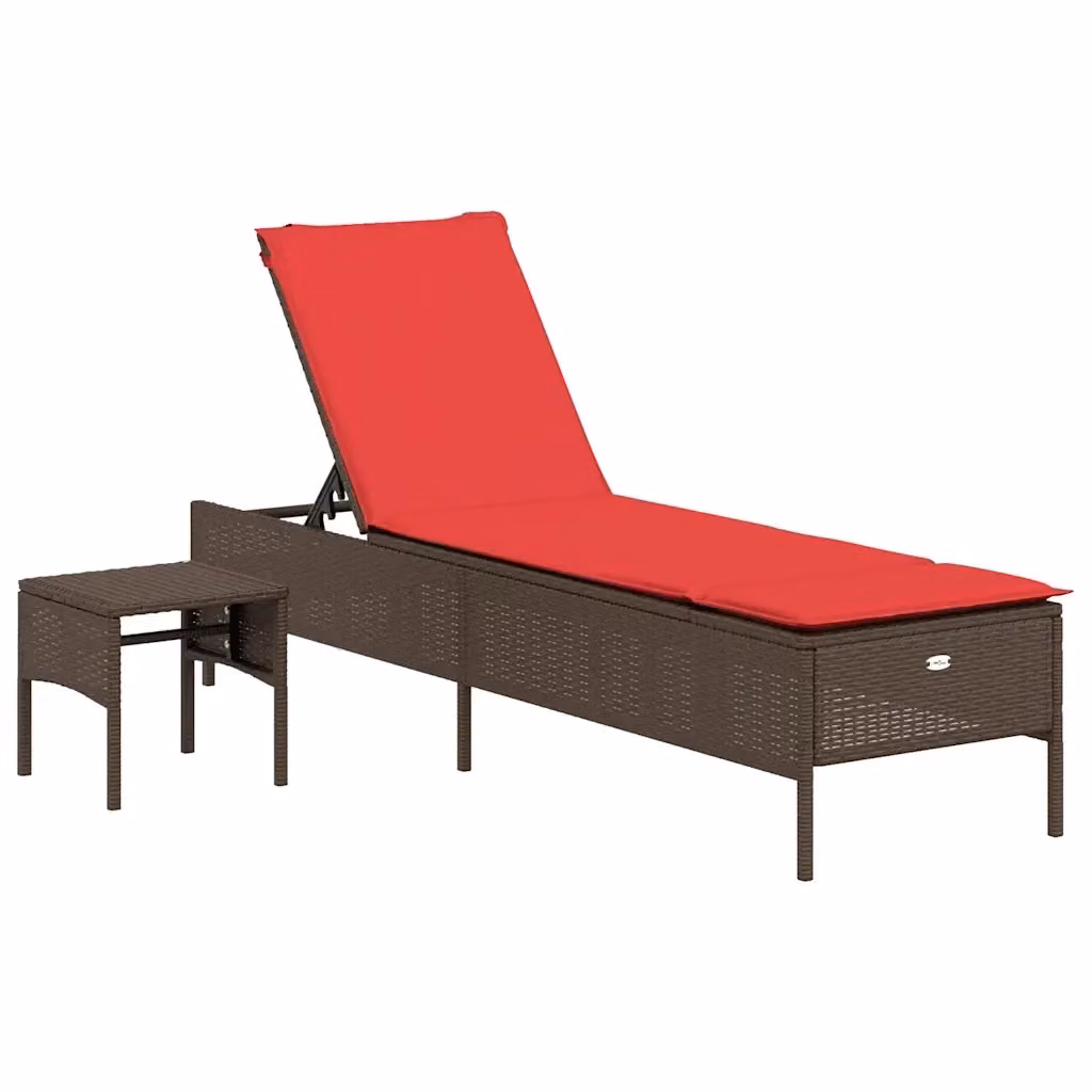 Lettino prendisole vidaXL con tavolino e cuscino resistente alle intemperie in rattan marrone e rosso – 2